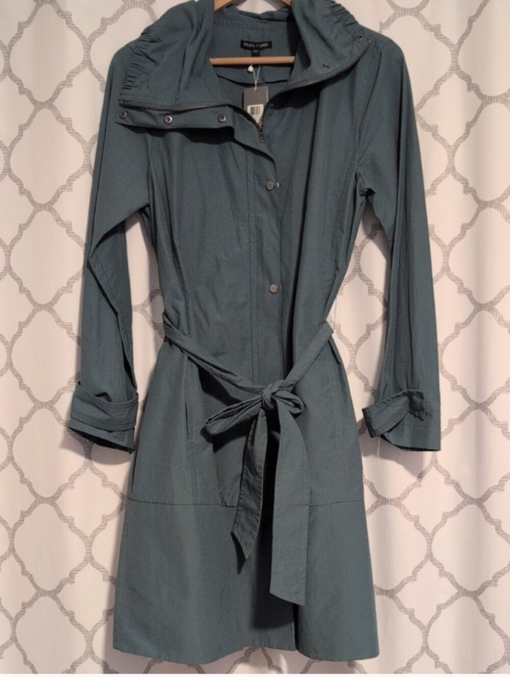 Eileen Fisher Weather Resistant Funnel Neck Rain Coat Dragonfly Teal S NWT